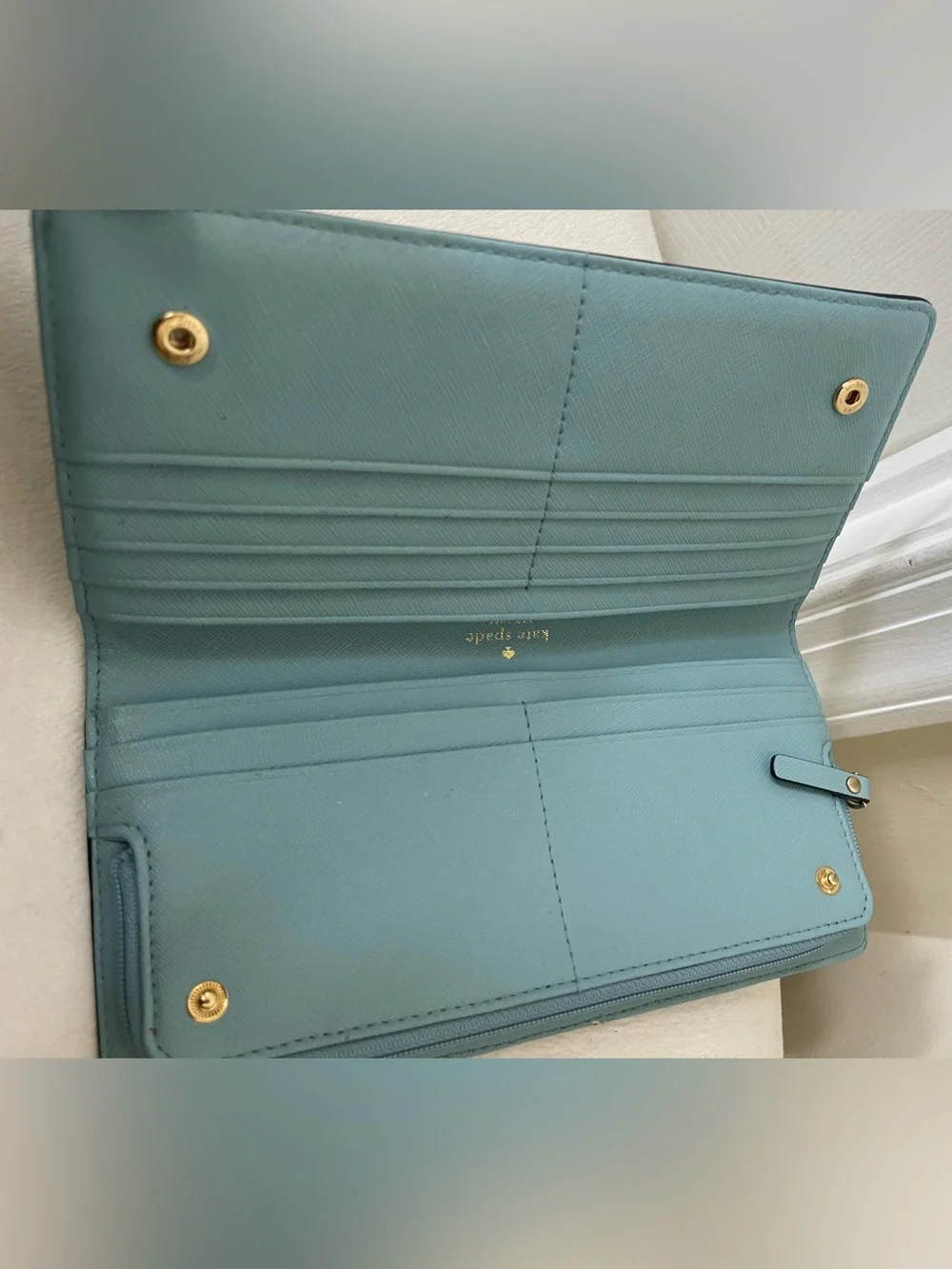 kate spade Light Blue Leather Continental Wallet with Gold Logo
